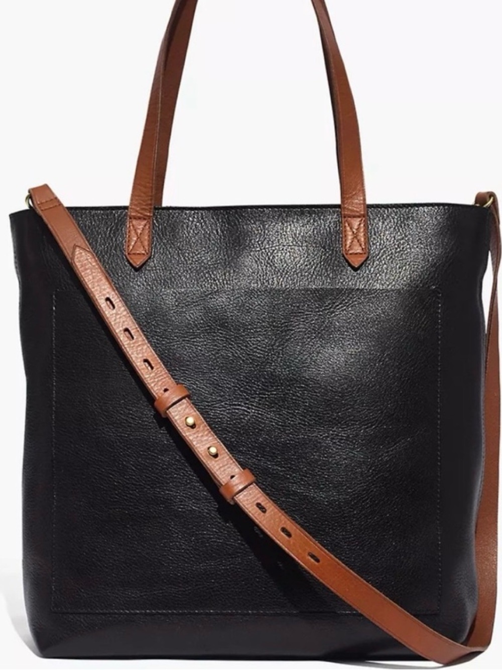 Madewell Medium Transport Tote Black Leather Brown Strap EUC